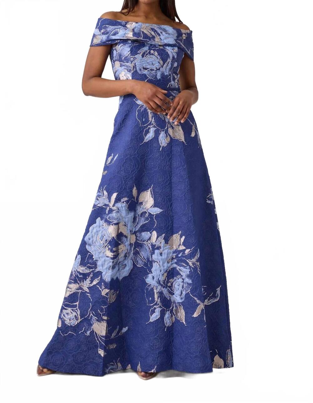 NEW TERI JON floral jacquard off the shoulder gown in peri multi